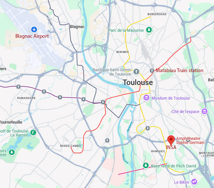 Toulouse map showing the airport, the central train station, the metro lines and the INSA campus